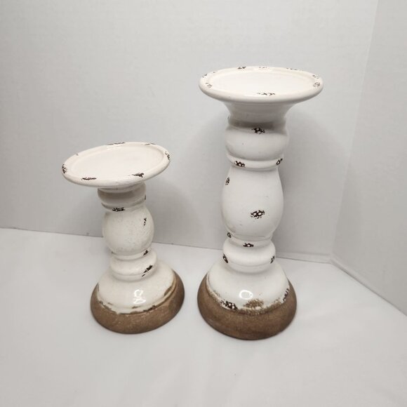 Farmhouse White Ceramic Pillar Holders Set of 2 - Picture 1 of 4